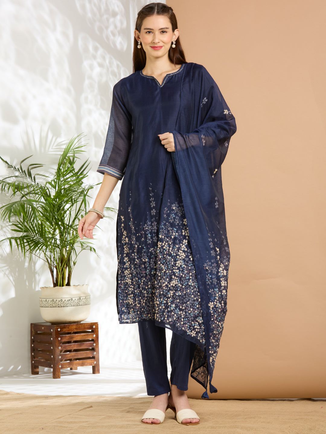 Solid Floral Hand Embroidered Straight Kurta with Pant & Dupatta - Navy Blue