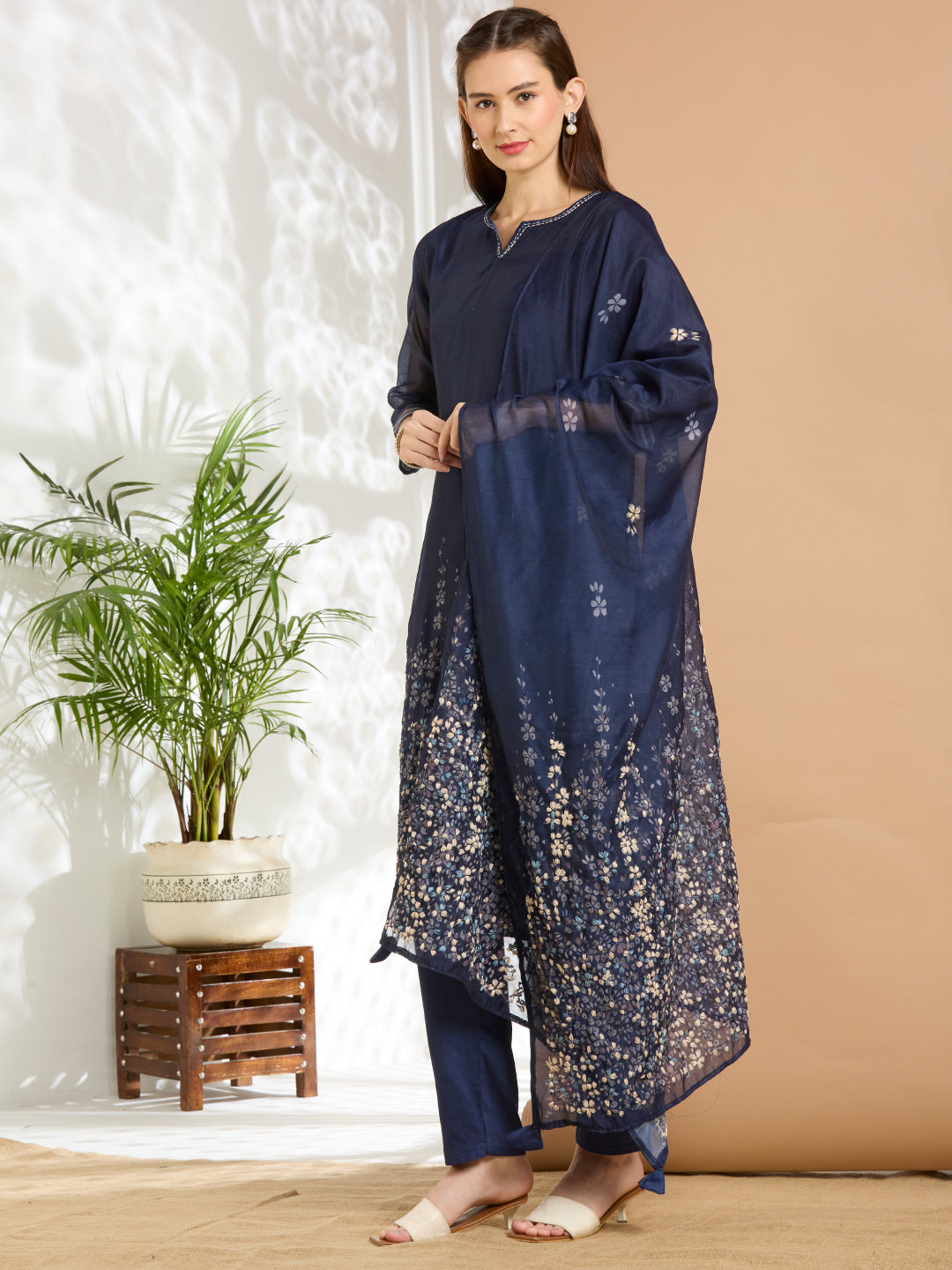Solid Floral Hand Embroidered Straight Kurta with Pant & Dupatta - Navy Blue