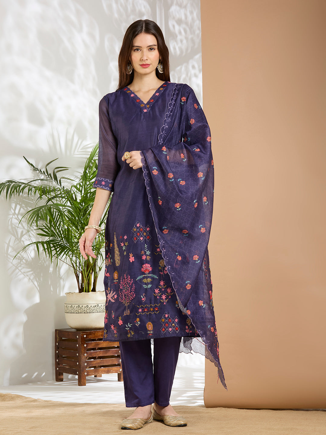 Floral Printed & Kantha Work Straight Kurta with Pant & Dupatta - Purple
