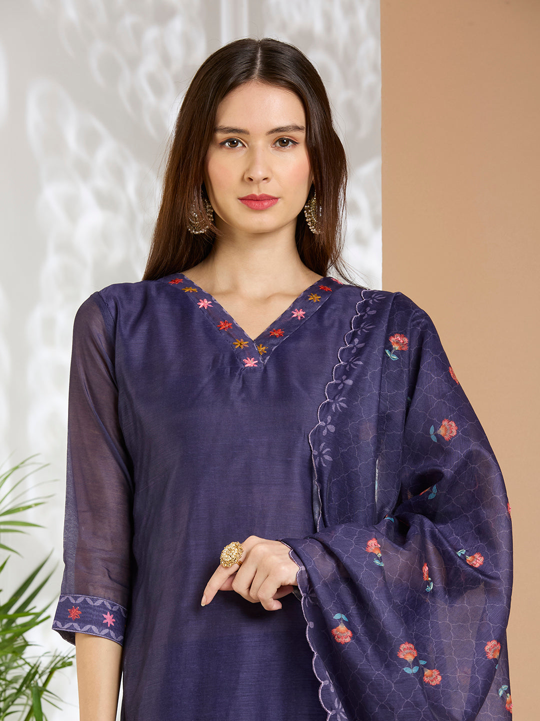 Floral Printed & Kantha Work Straight Kurta with Pant & Dupatta - Purple