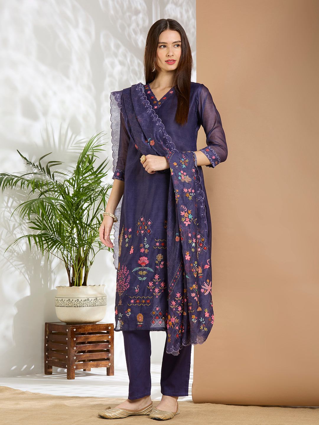 Floral Printed & Kantha Work Straight Kurta with Pant & Dupatta - Purple