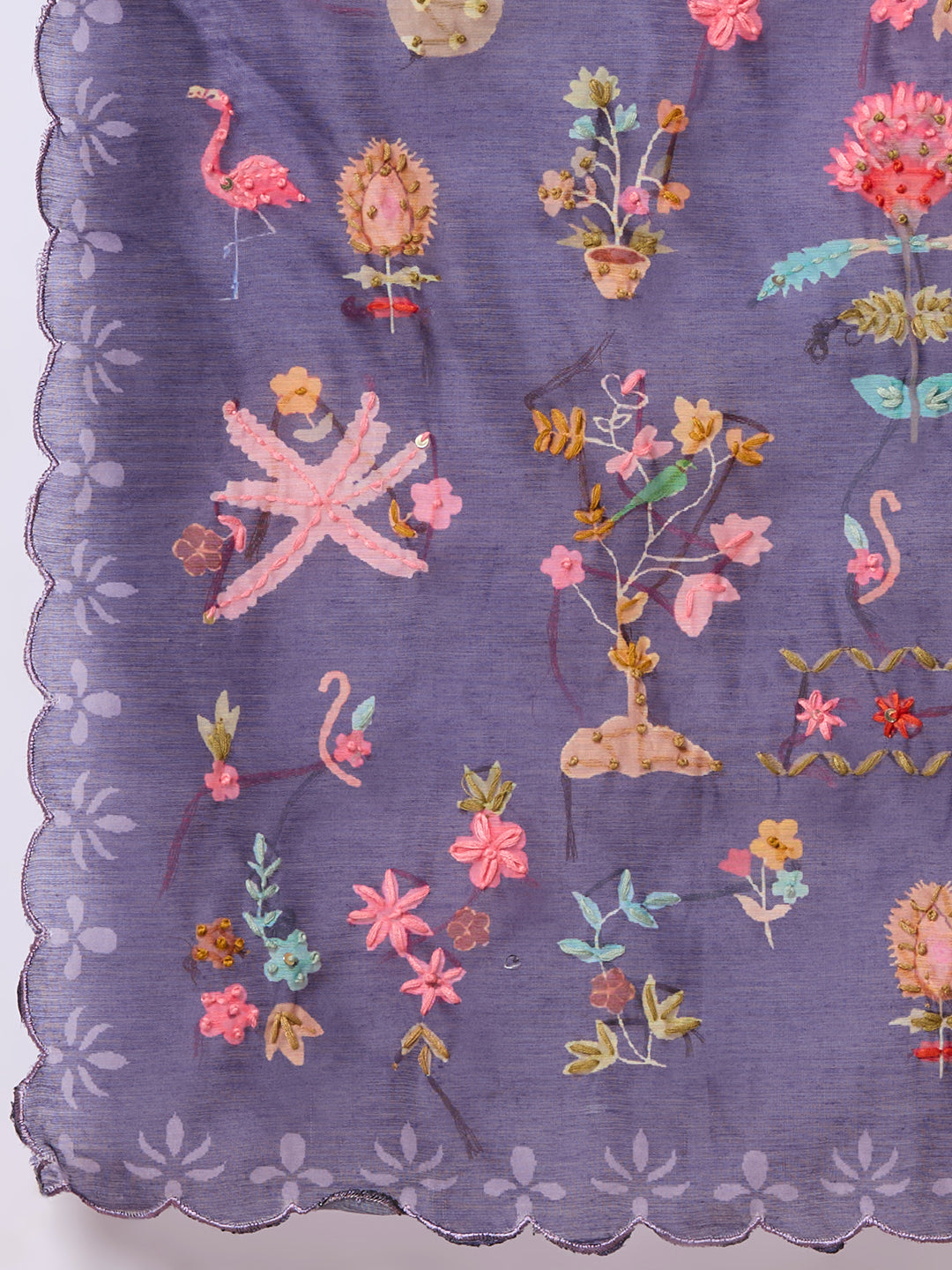 Floral Printed & Kantha Work Straight Kurta with Pant & Dupatta - Purple