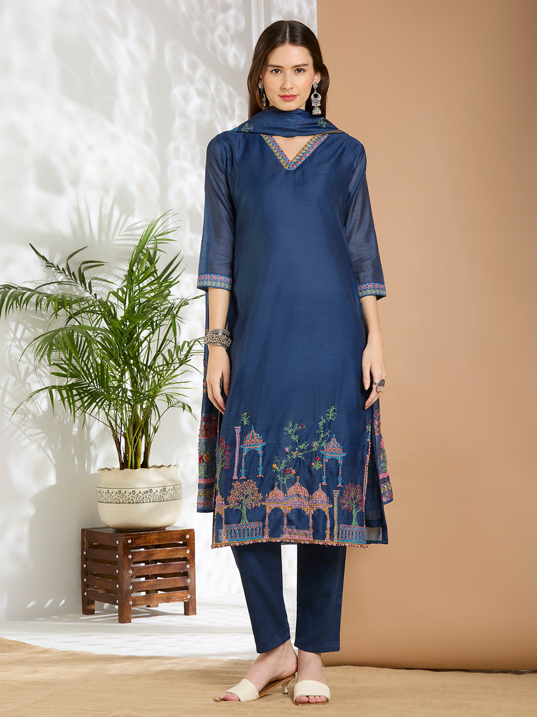 Floral Printed & Kantha Work Straight Kurta with Pant & Dupatta - Blue