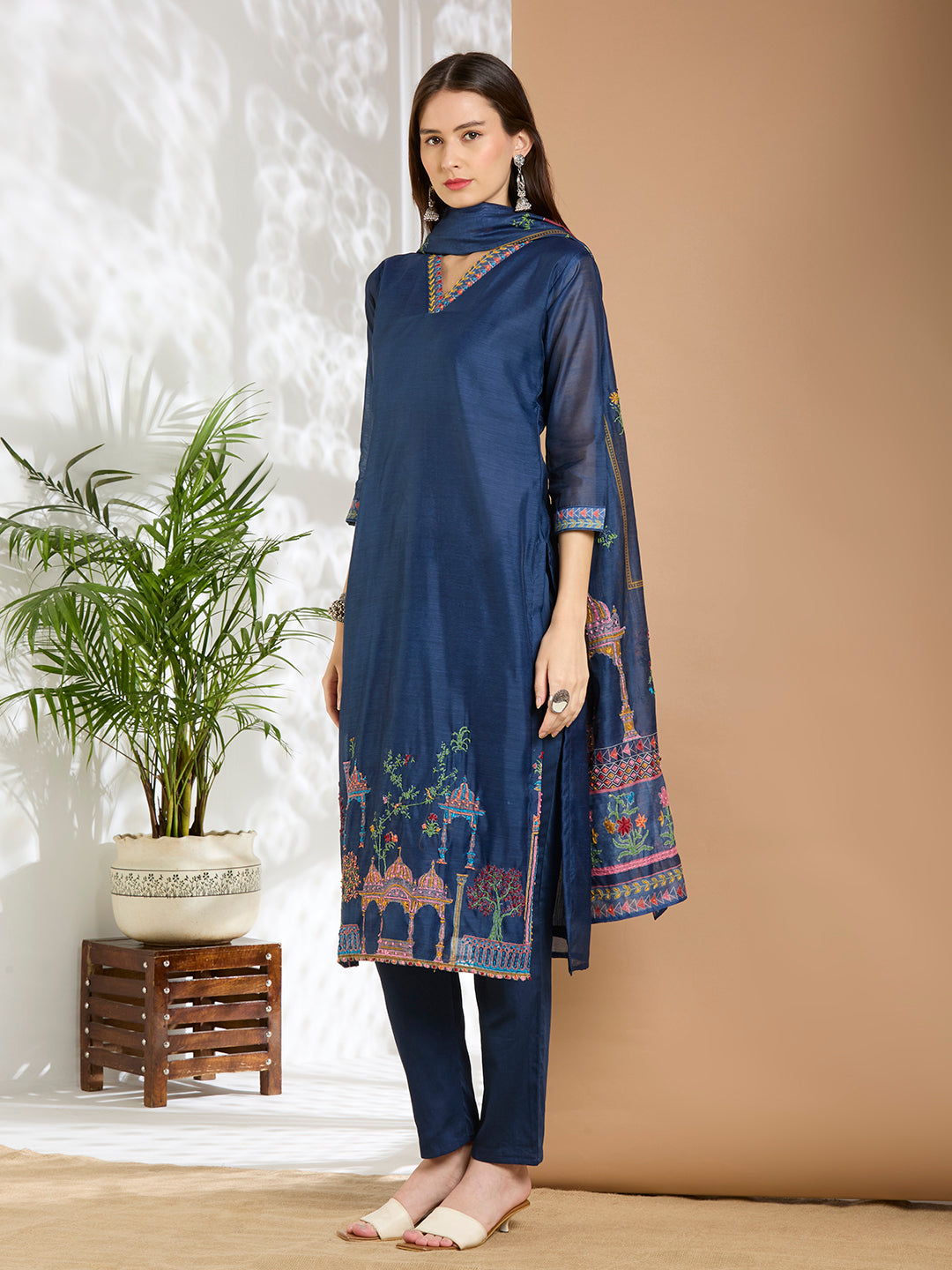 Floral Printed & Kantha Work Straight Kurta with Pant & Dupatta - Blue