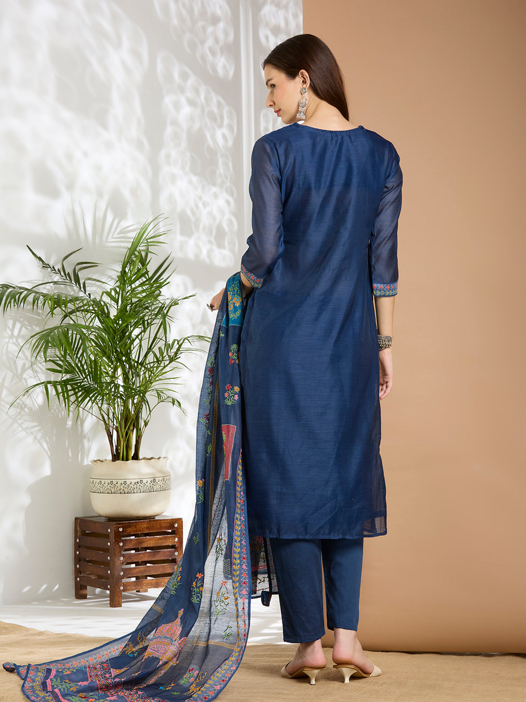 Floral Printed & Kantha Work Straight Kurta with Pant & Dupatta - Blue