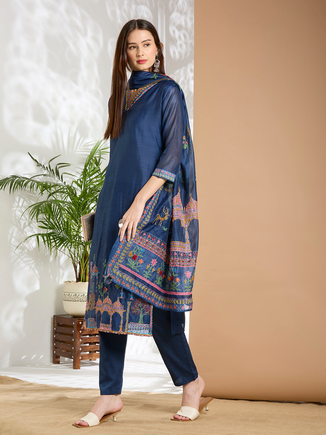 Floral Printed & Kantha Work Straight Kurta with Pant & Dupatta - Blue