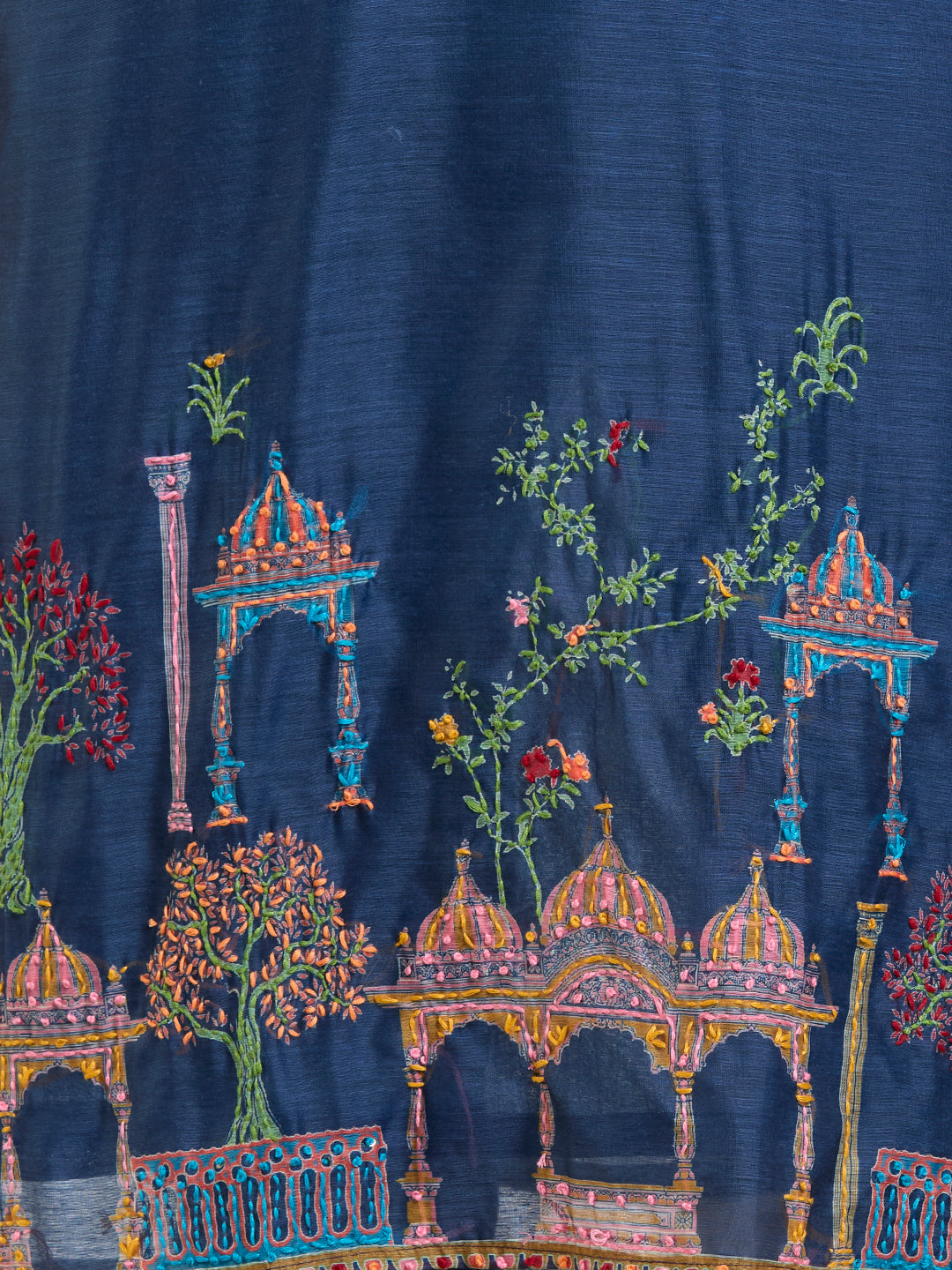 Floral Printed & Kantha Work Straight Kurta with Pant & Dupatta - Blue