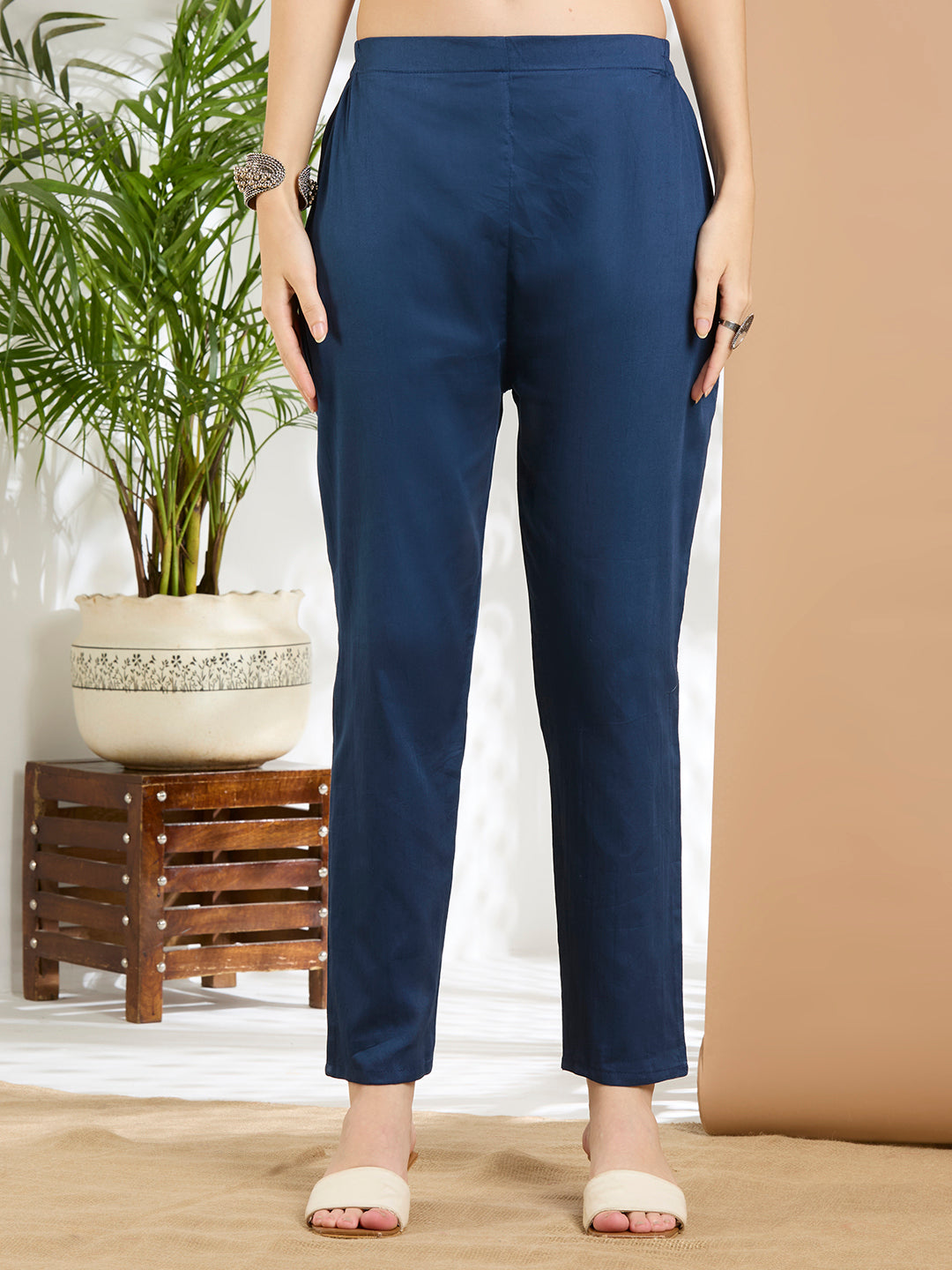 Floral Printed & Kantha Work Straight Kurta with Pant & Dupatta - Blue