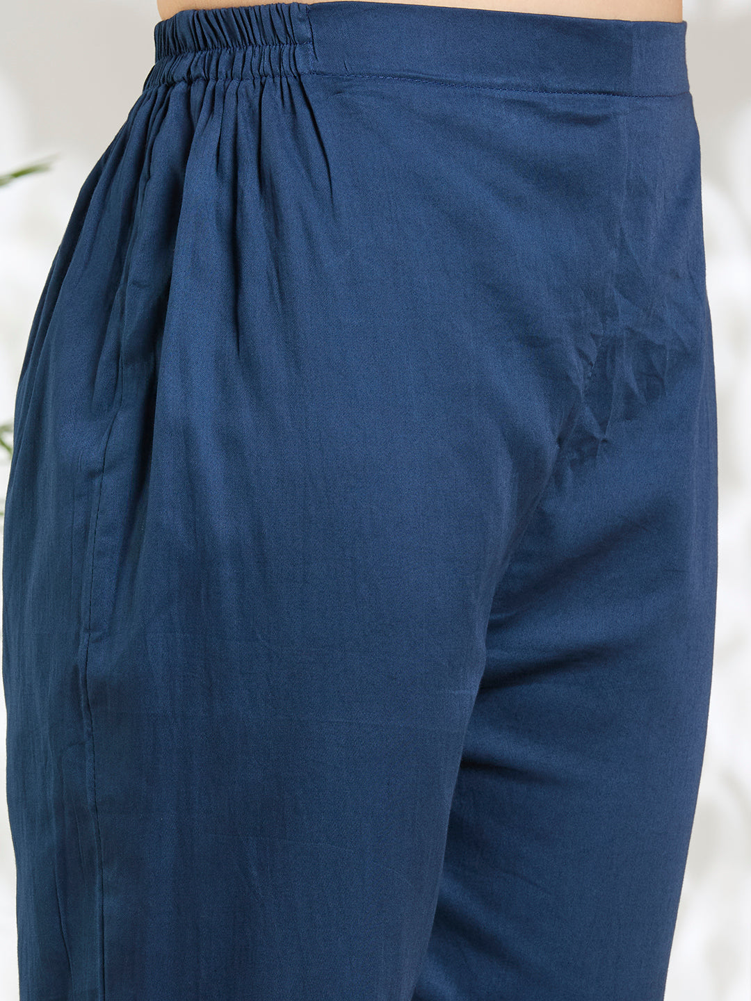 Floral Printed & Kantha Work Straight Kurta with Pant & Dupatta - Blue