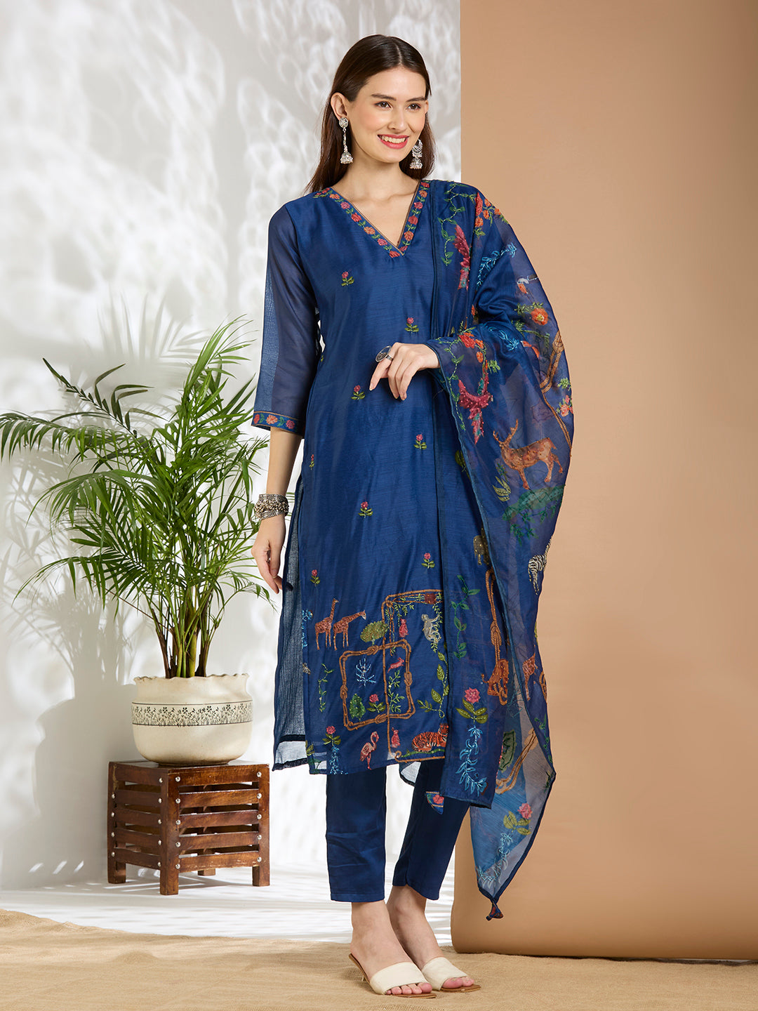 Animal Printed & Kantha Work Straight Kurta with Pant & Dupatta - Blue
