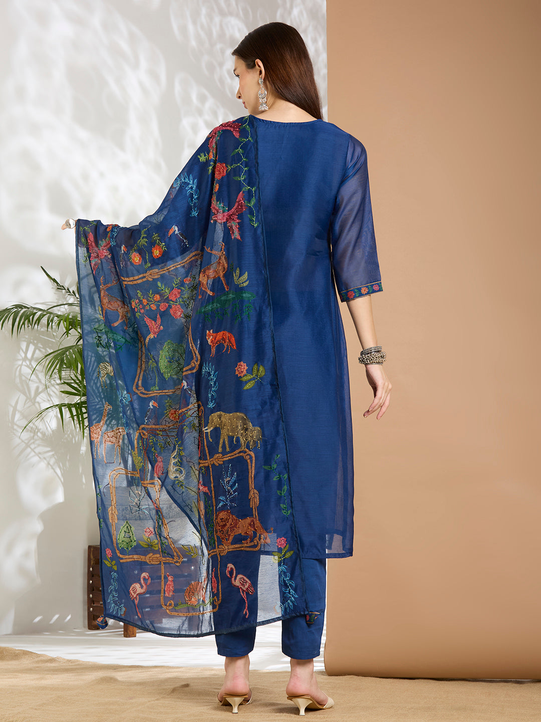 Animal Printed & Kantha Work Straight Kurta with Pant & Dupatta - Blue