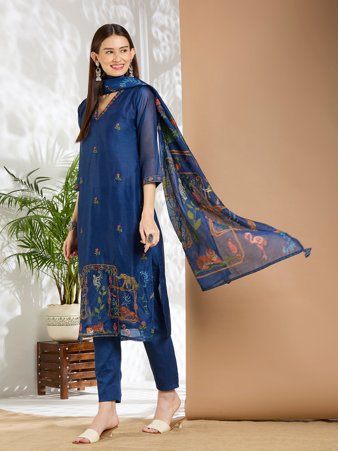 Animal Printed & Kantha Work Straight Kurta with Pant & Dupatta - Blue
