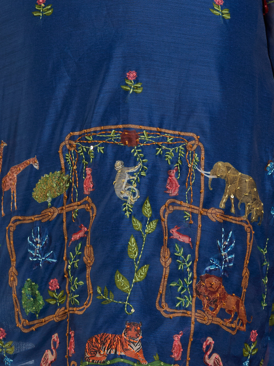 Animal Printed & Kantha Work Straight Kurta with Pant & Dupatta - Blue