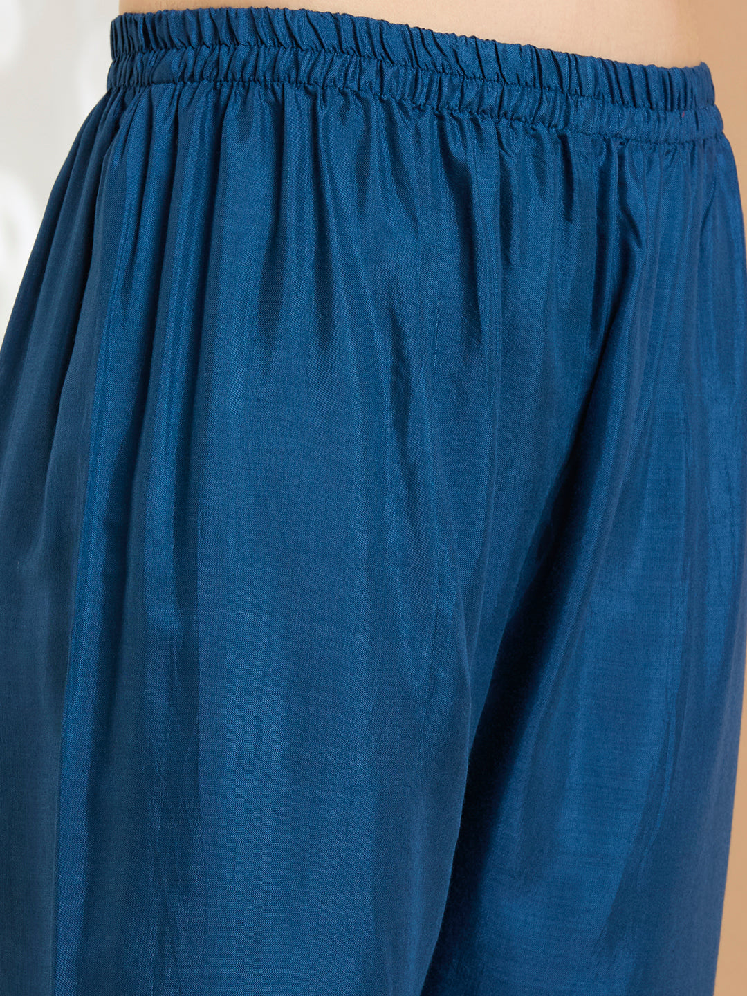 Solid Floral Embroidered A-Line Kurta with Pant & Dupatta - Navy Blue