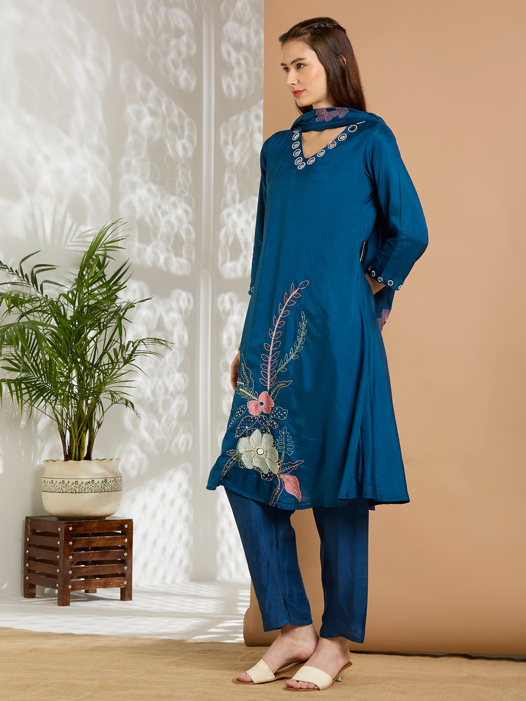 Solid Floral Embroidered A-Line Kurta with Pant & Dupatta - Navy Blue