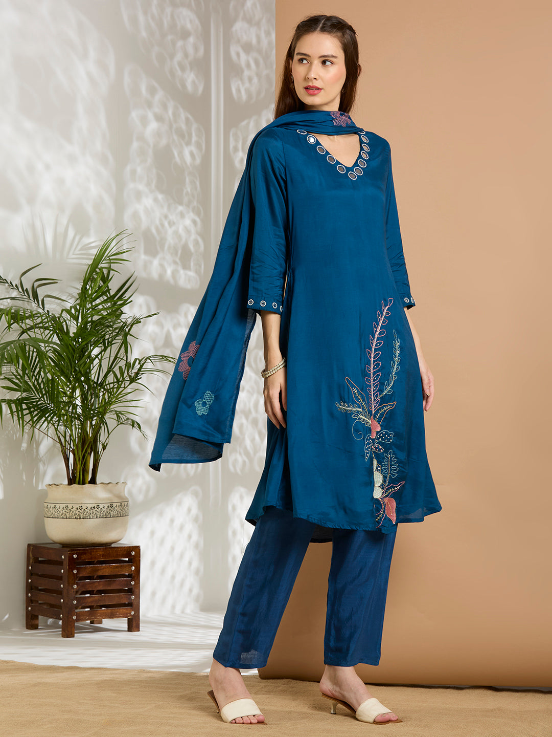 Solid Floral Embroidered A-Line Kurta with Pant & Dupatta - Navy Blue