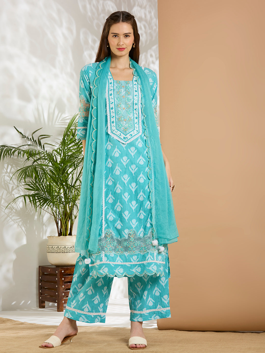 Ethnic Floral Printed Embroidered Straight Kurta with Palazzo & Dupatta - Turquoise Blue