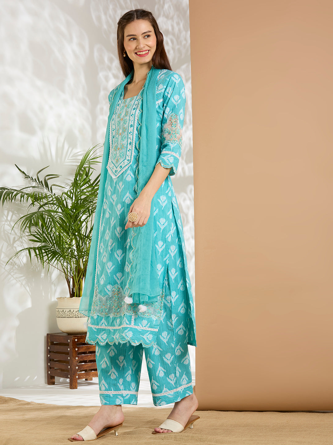 Ethnic Floral Printed Embroidered Straight Kurta with Palazzo & Dupatta - Turquoise Blue