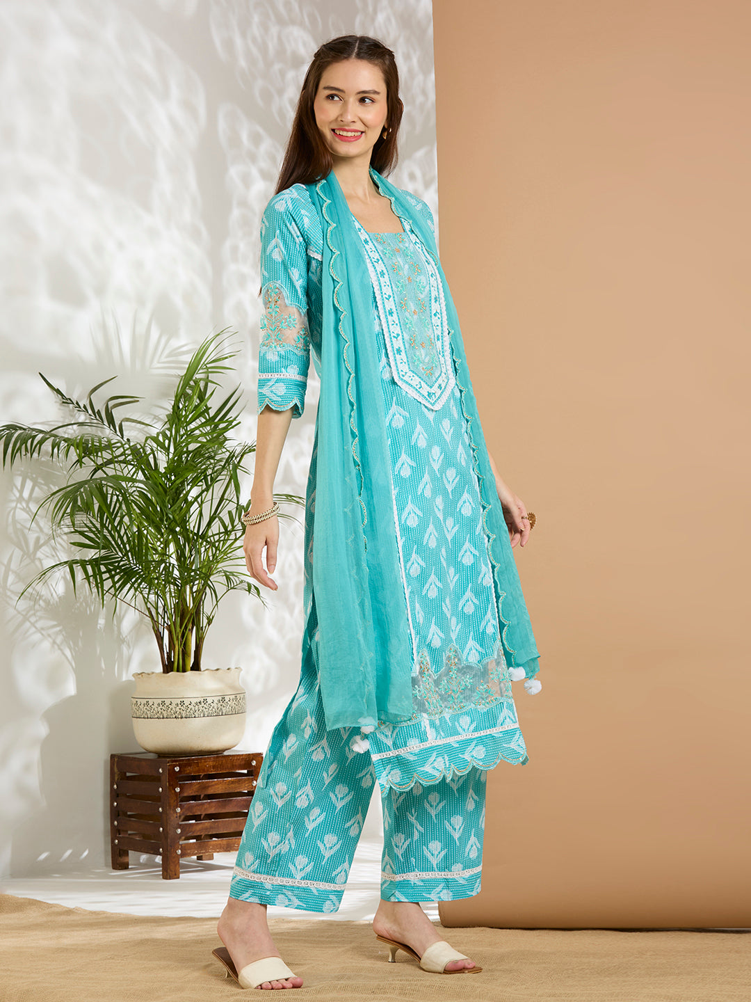 Ethnic Floral Printed Embroidered Straight Kurta with Palazzo & Dupatta - Turquoise Blue