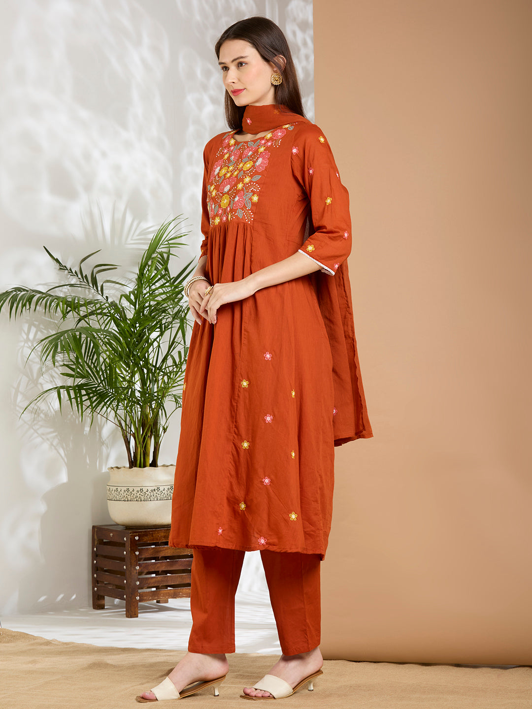 Solid Floral Embroidered A-Line Flared Kurta with Pant & Dupatta - Rust