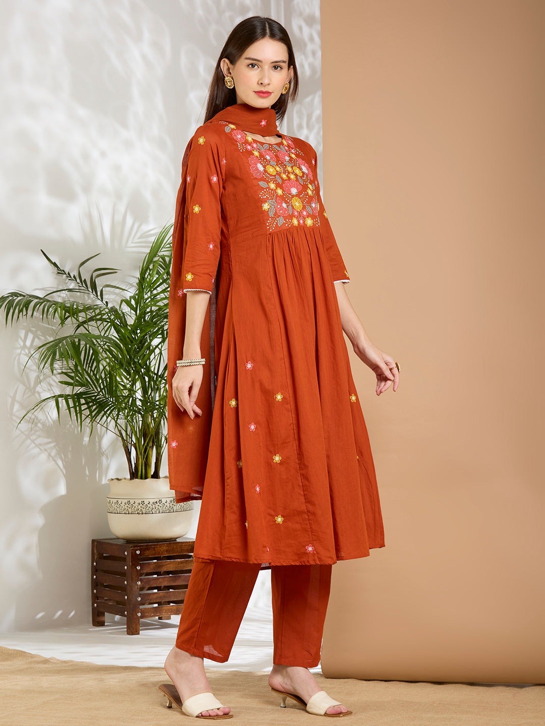 Solid Floral Embroidered A-Line Flared Kurta with Pant & Dupatta - Rust