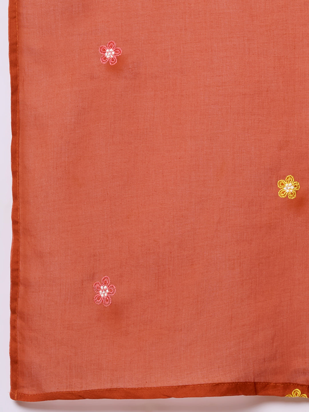 Solid Floral Embroidered A-Line Flared Kurta with Pant & Dupatta - Rust