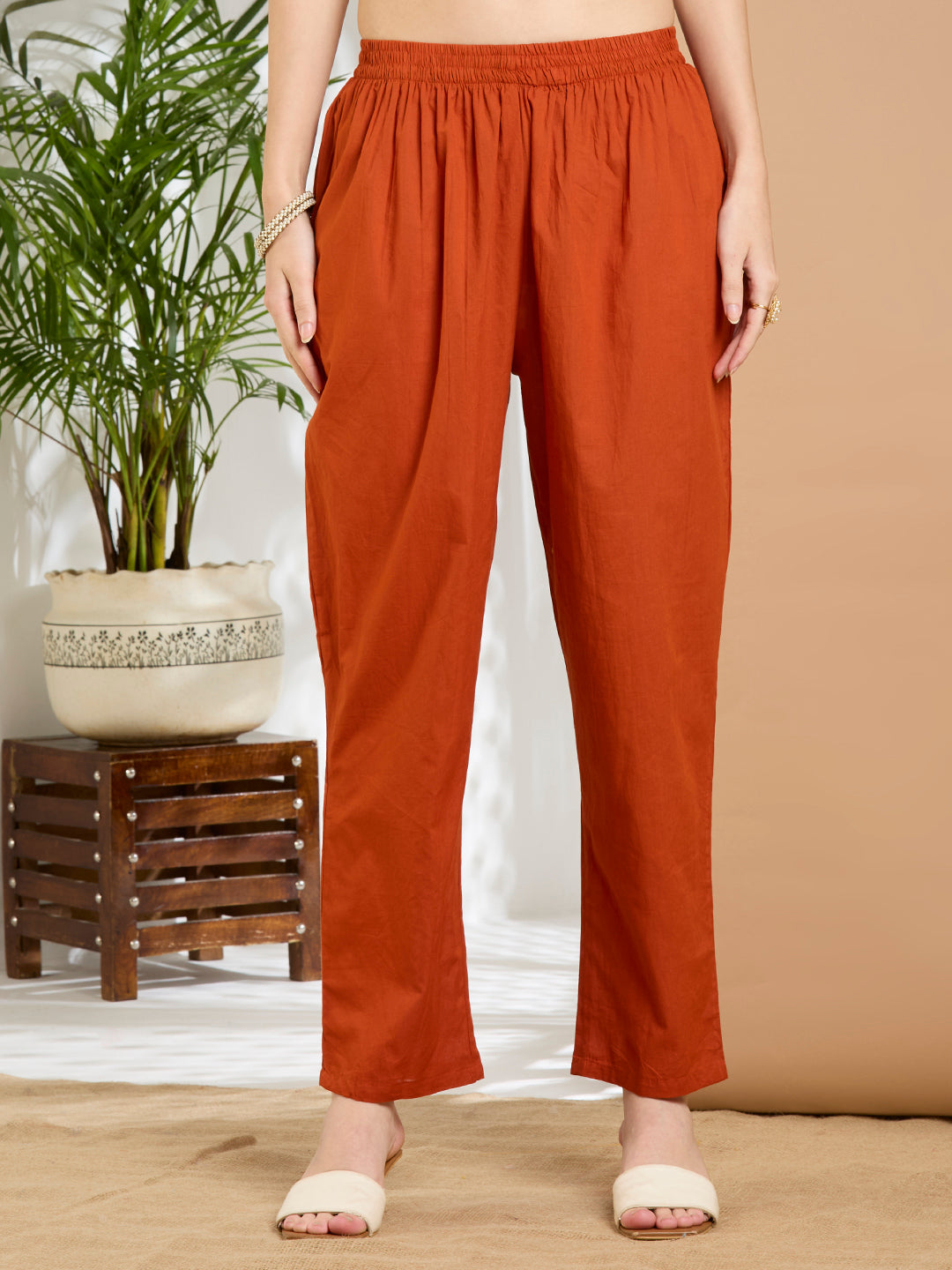 Solid Floral Embroidered A-Line Flared Kurta with Pant & Dupatta - Rust
