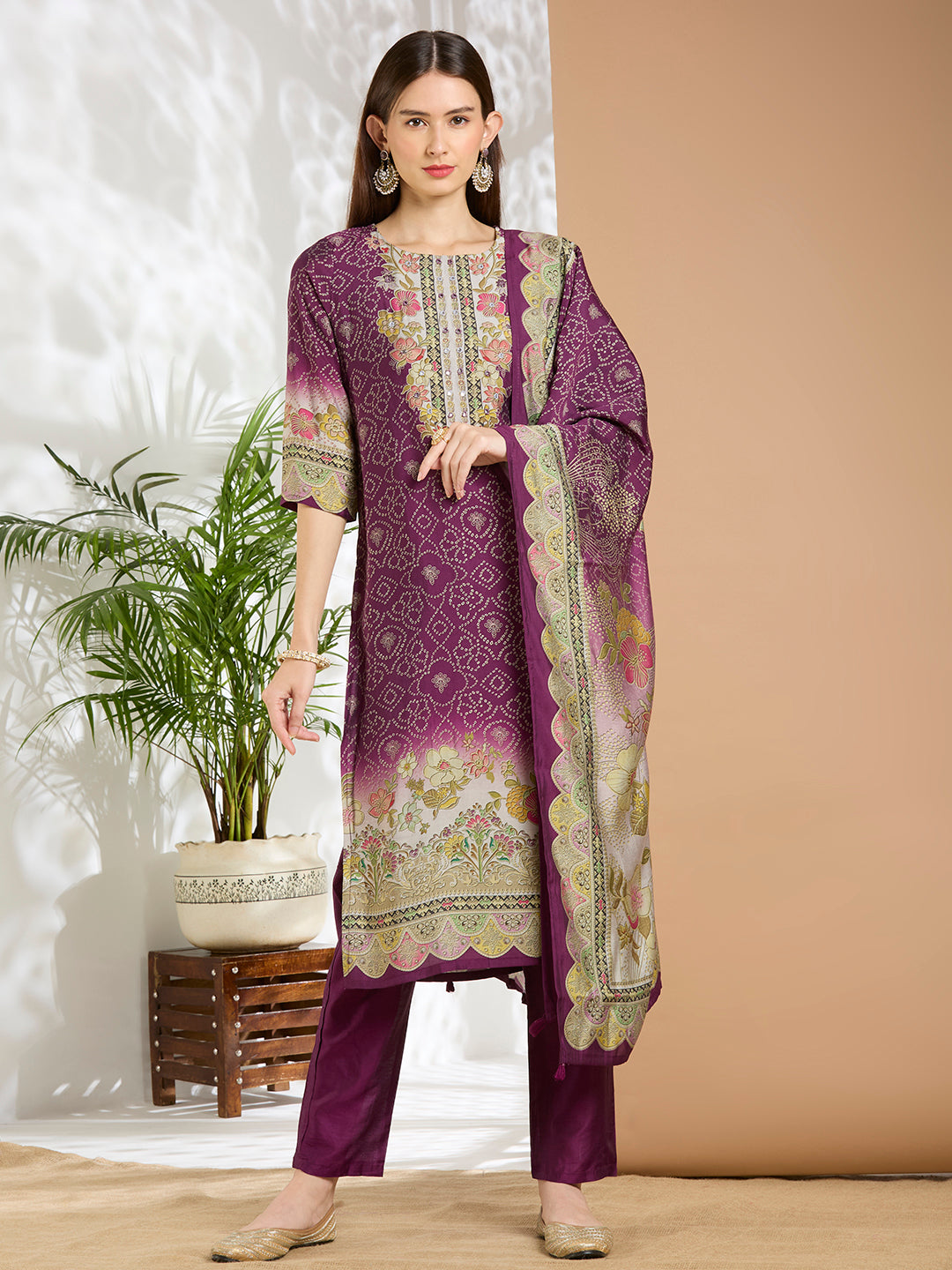 Bandhani Printed Embroidered Straight Kurta with Pant and Dupatta - Purple