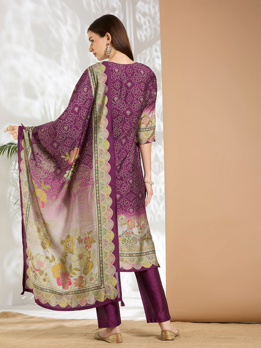 Bandhani Printed Embroidered Straight Kurta with Pant and Dupatta - Purple