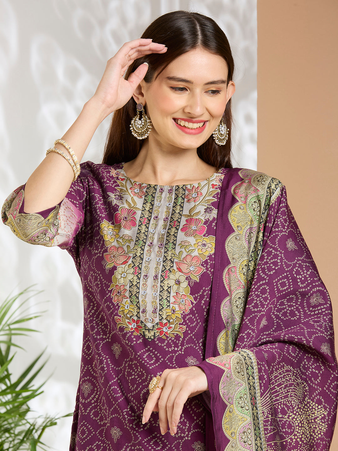 Bandhani Printed Embroidered Straight Kurta with Pant and Dupatta - Purple