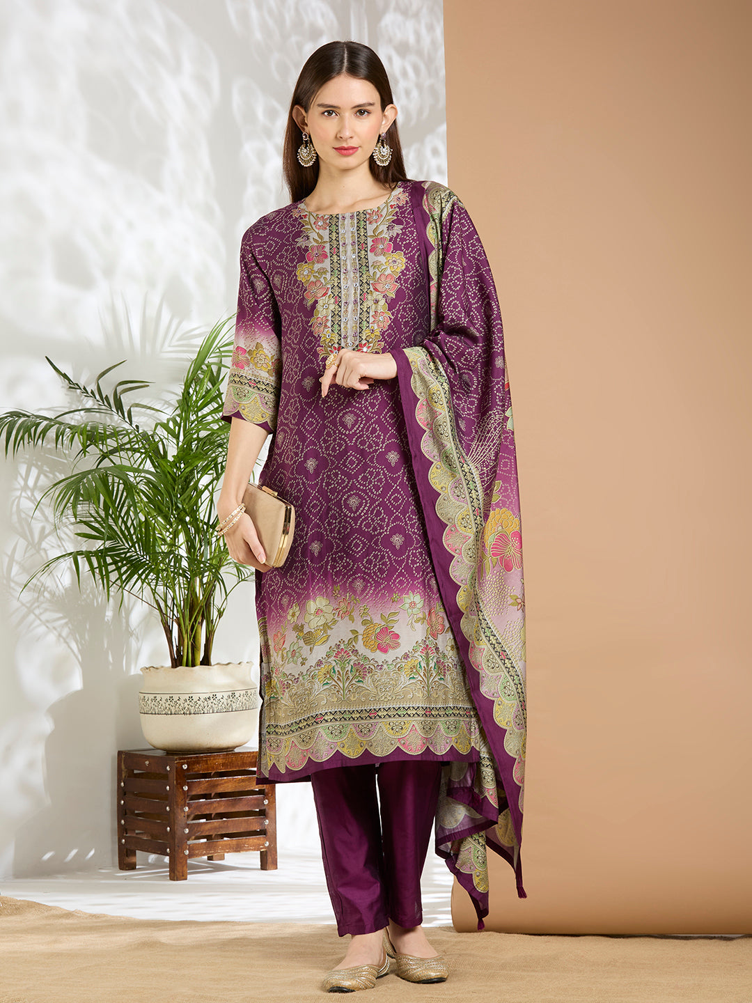 Bandhani Printed Embroidered Straight Kurta with Pant and Dupatta - Purple