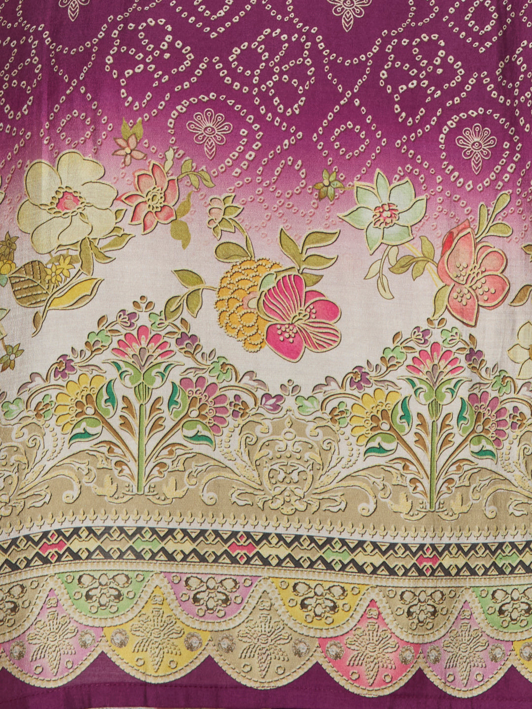 Bandhani Printed Embroidered Straight Kurta with Pant and Dupatta - Purple