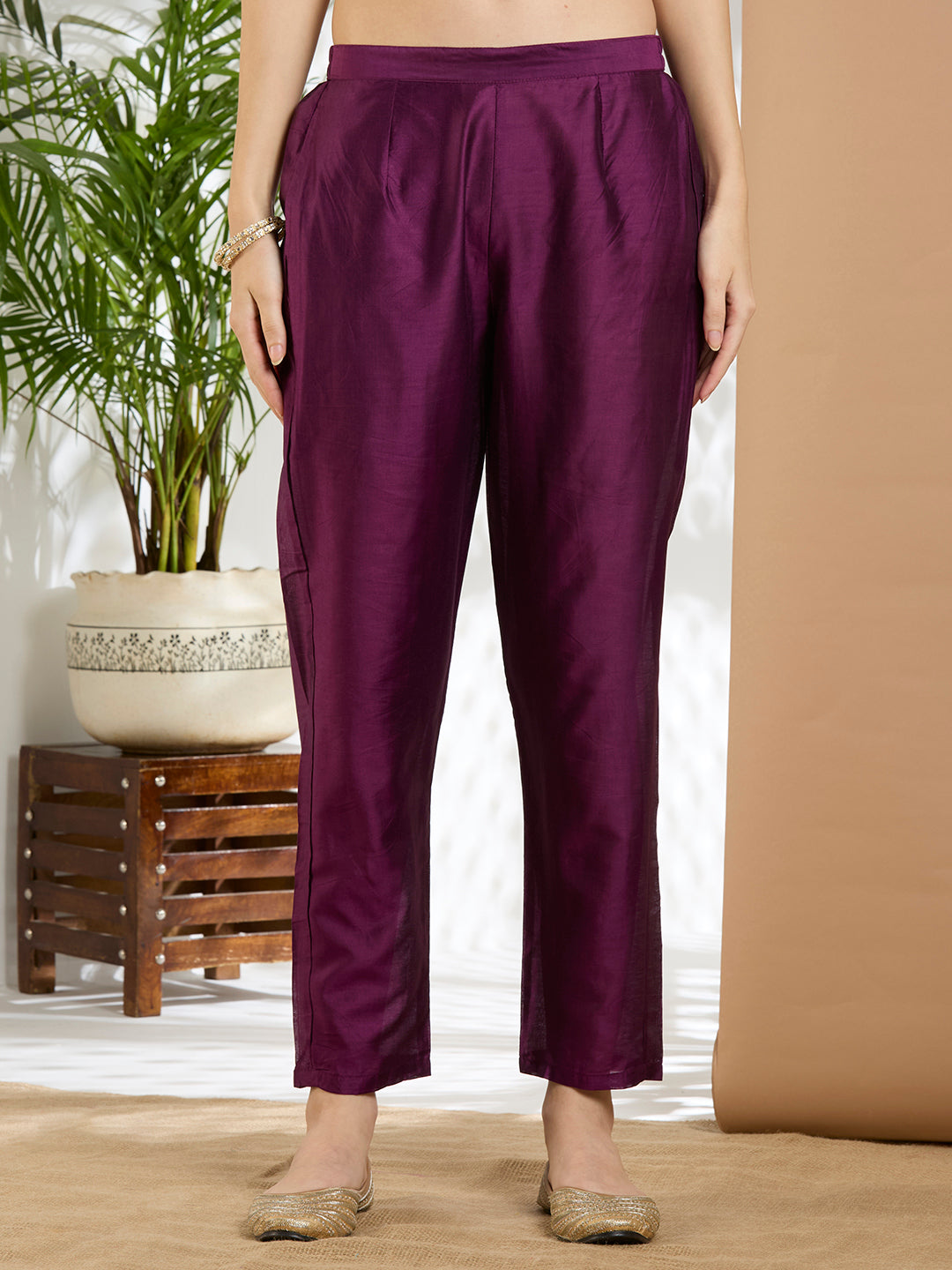 Bandhani Printed Embroidered Straight Kurta with Pant and Dupatta - Purple