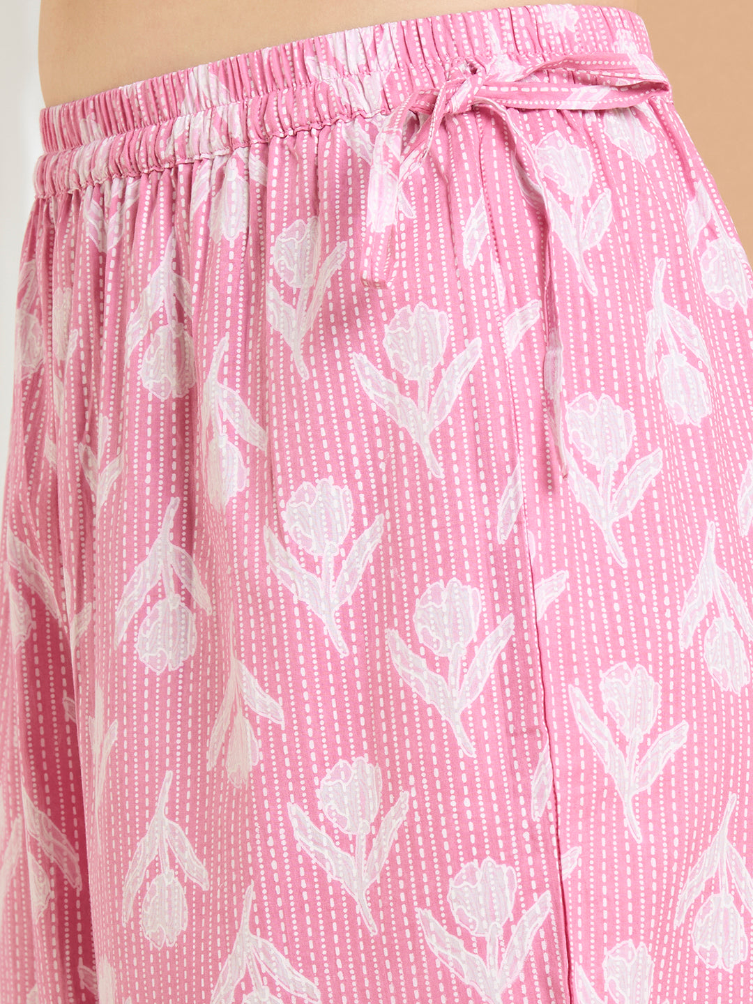 Ethnic Floral Printed Embroidered Straight Kurta with Palazzo & Dupatta - Pink