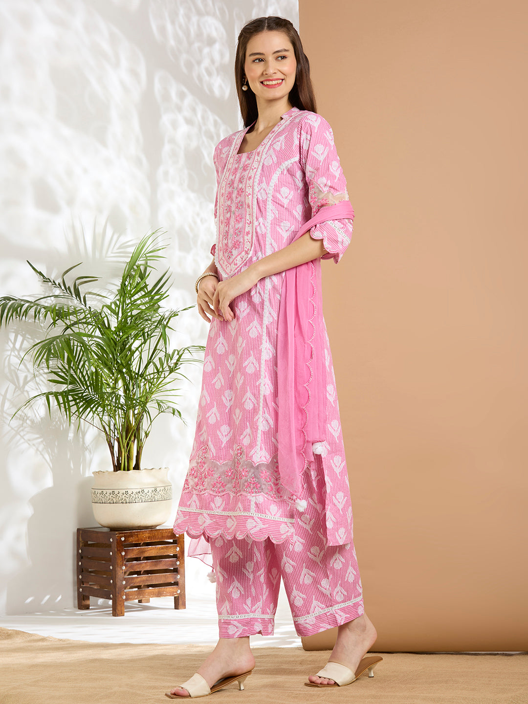 Ethnic Floral Printed Embroidered Straight Kurta with Palazzo & Dupatta - Pink