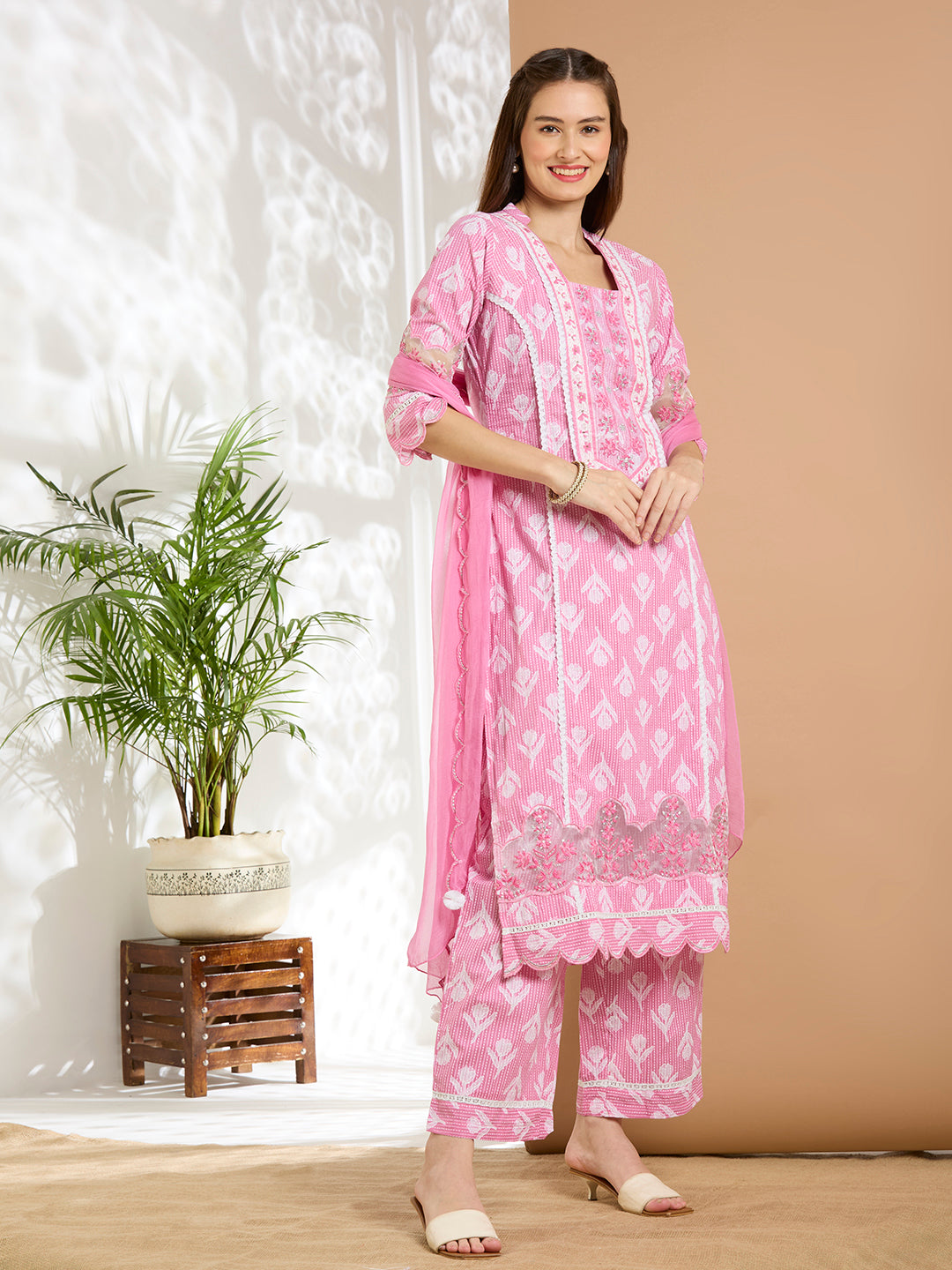 Ethnic Floral Printed Embroidered Straight Kurta with Palazzo & Dupatta - Pink