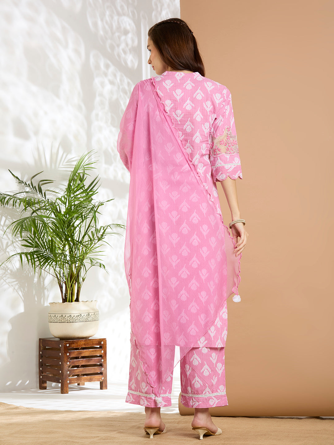 Ethnic Floral Printed Embroidered Straight Kurta with Palazzo & Dupatta - Pink