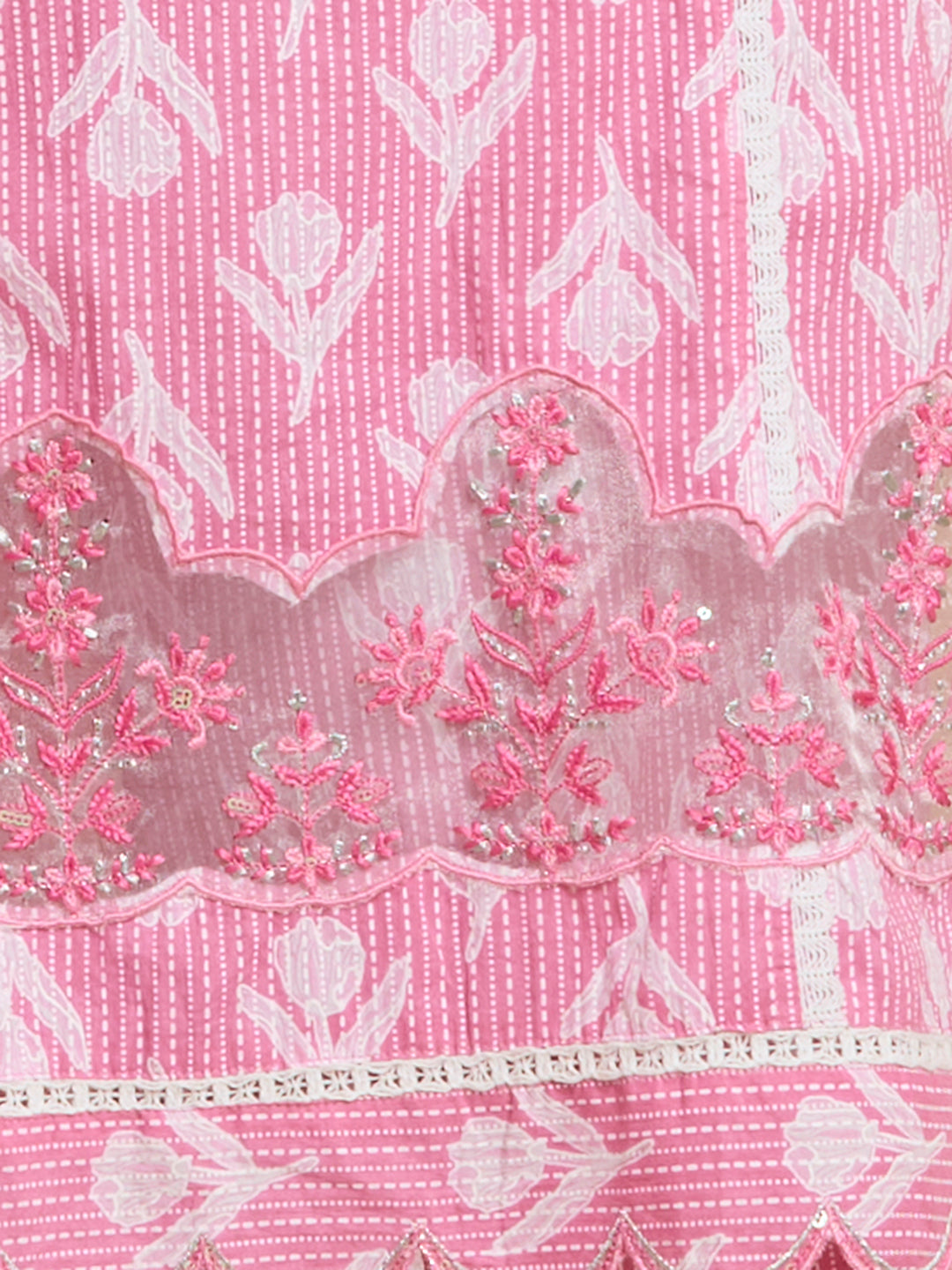 Ethnic Floral Printed Embroidered Straight Kurta with Palazzo & Dupatta - Pink