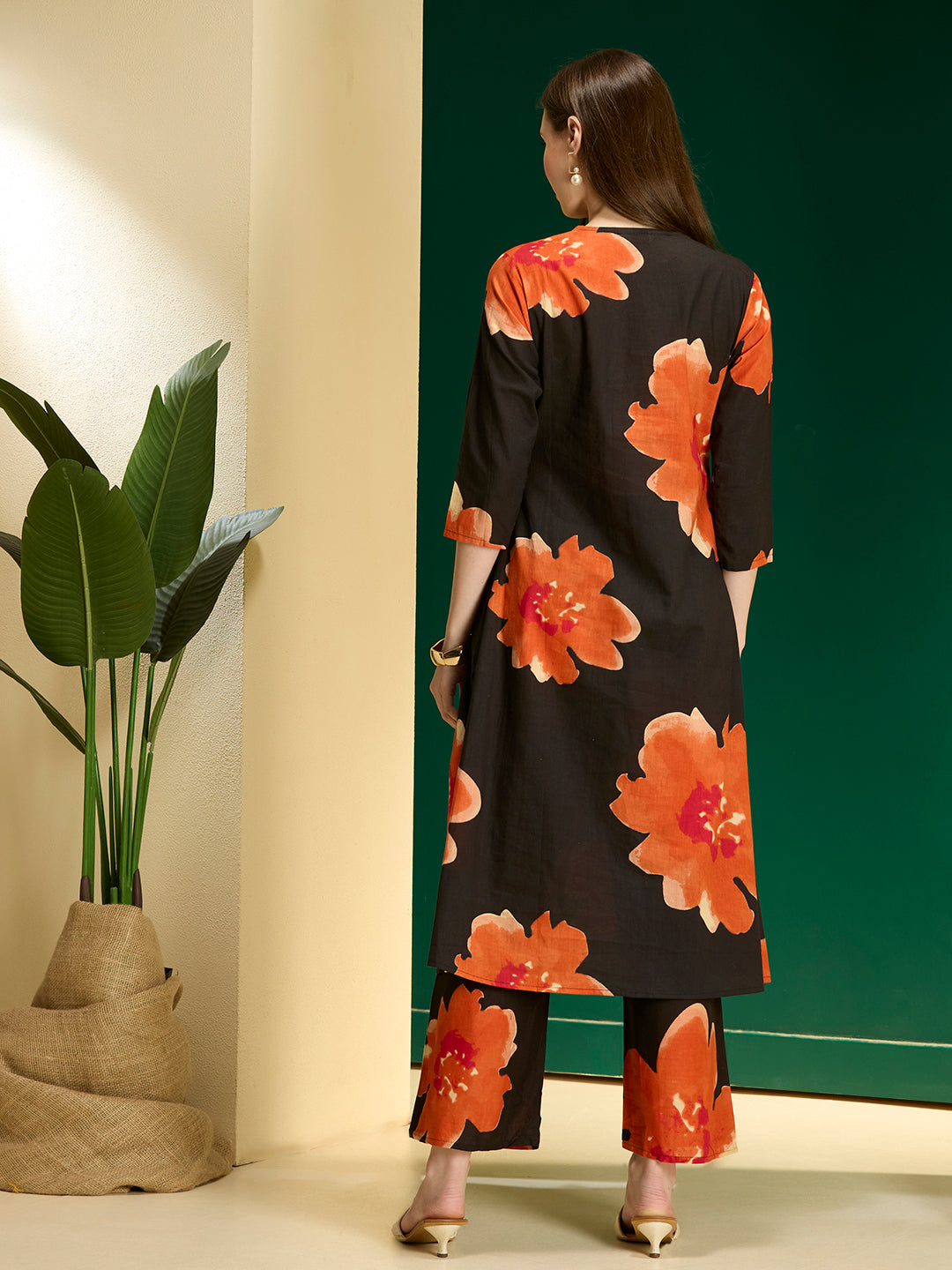 Abstarct Printed & Embroidered A-Line Kurta with Palazzo - Black