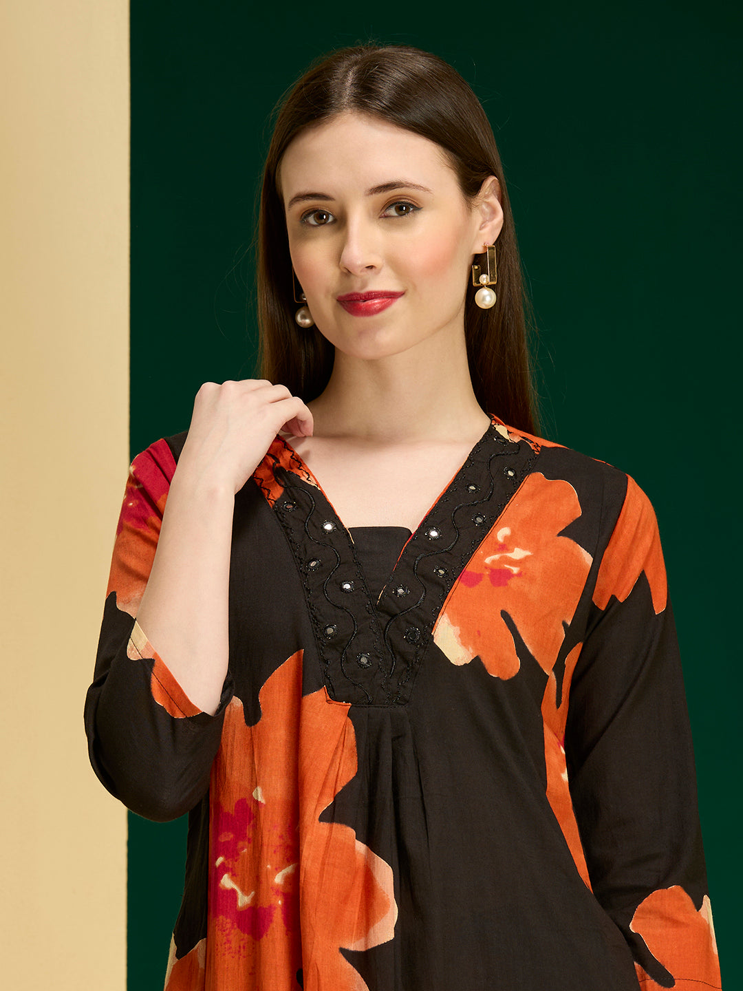 Abstarct Printed & Embroidered A-Line Kurta with Palazzo - Black