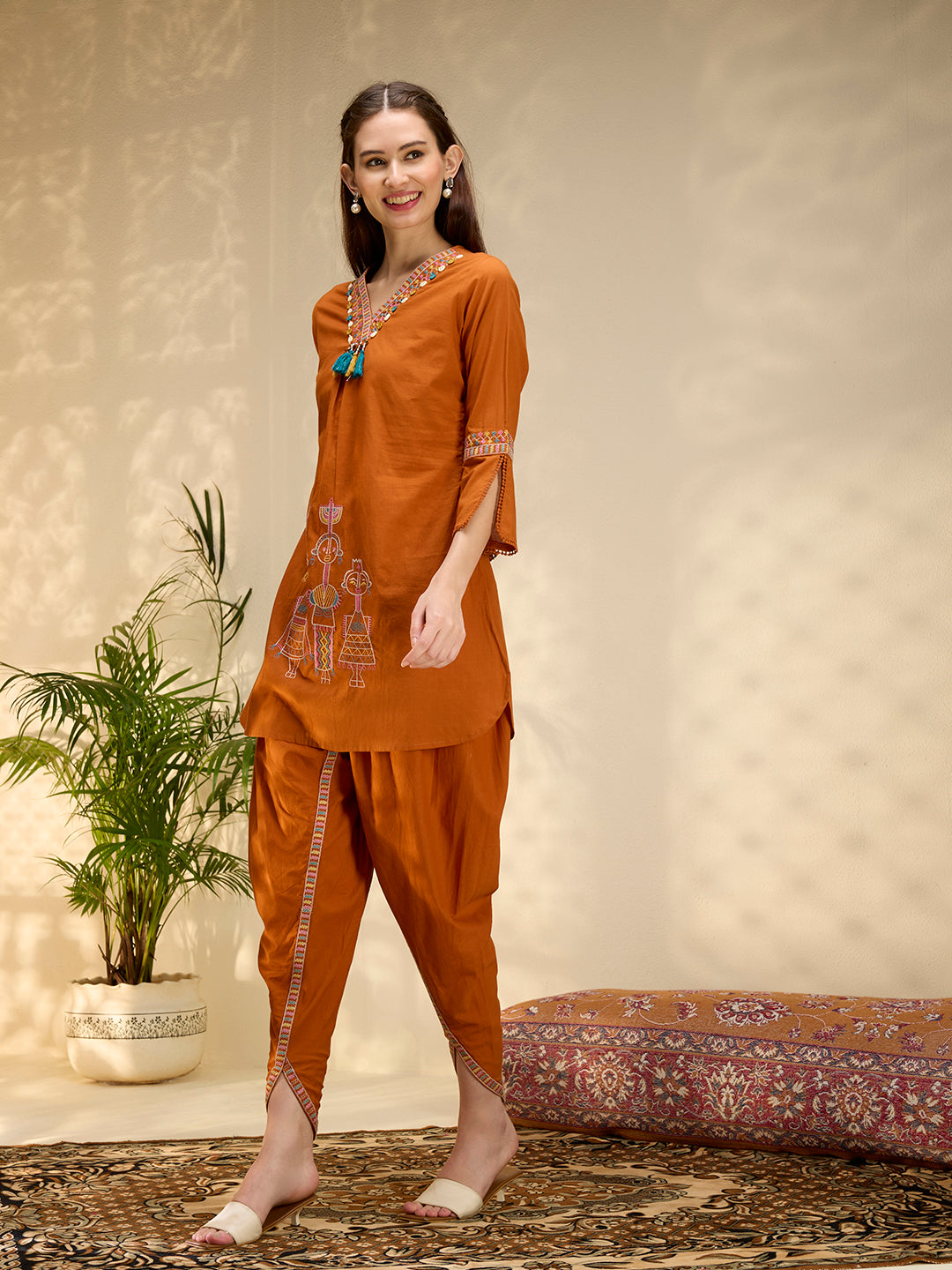 Solid Threadwork Tribal Embroidered Straight Fit Co-ord Set - Rust