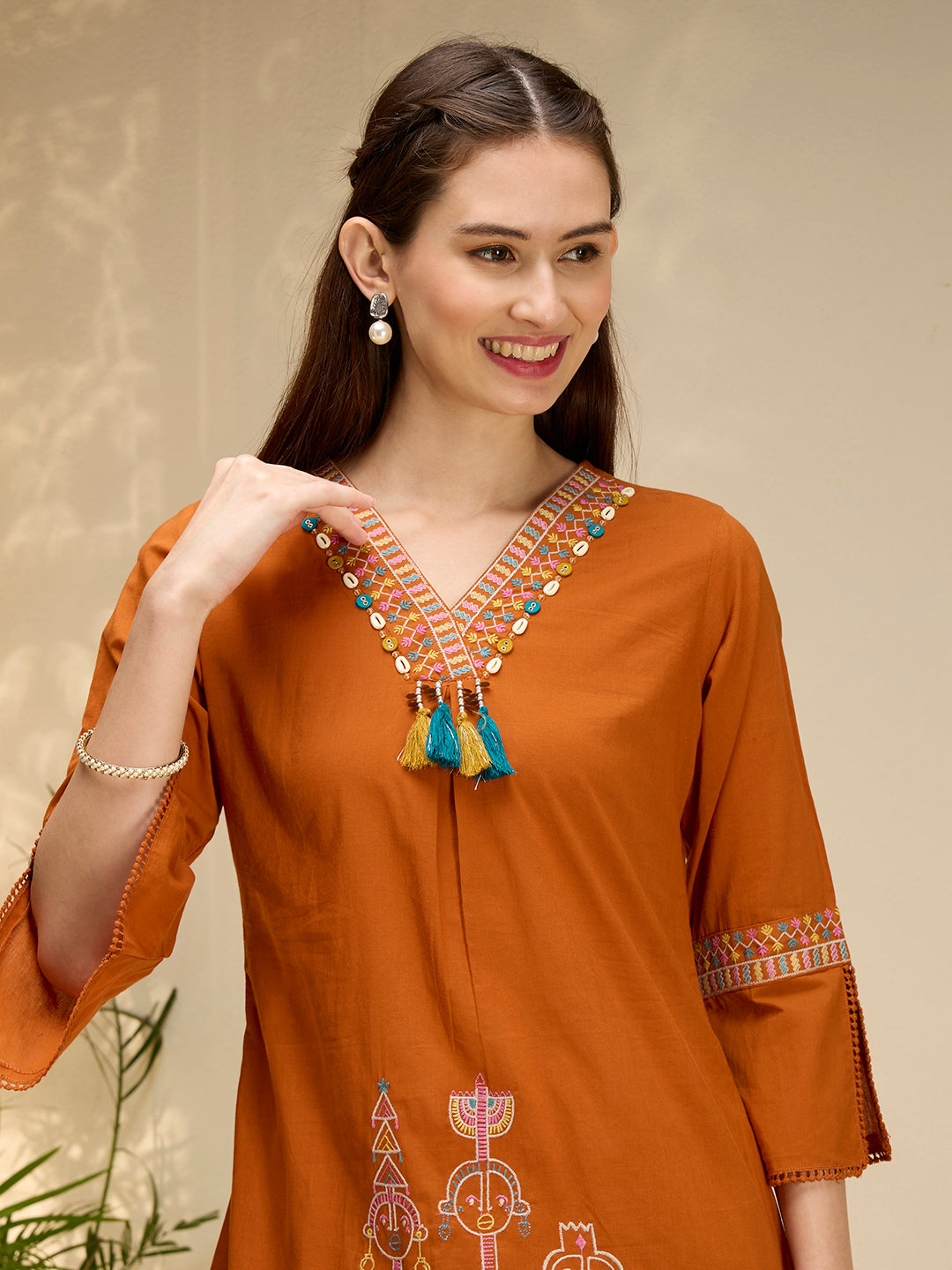 Solid Threadwork Tribal Embroidered Straight Fit Co-ord Set - Rust