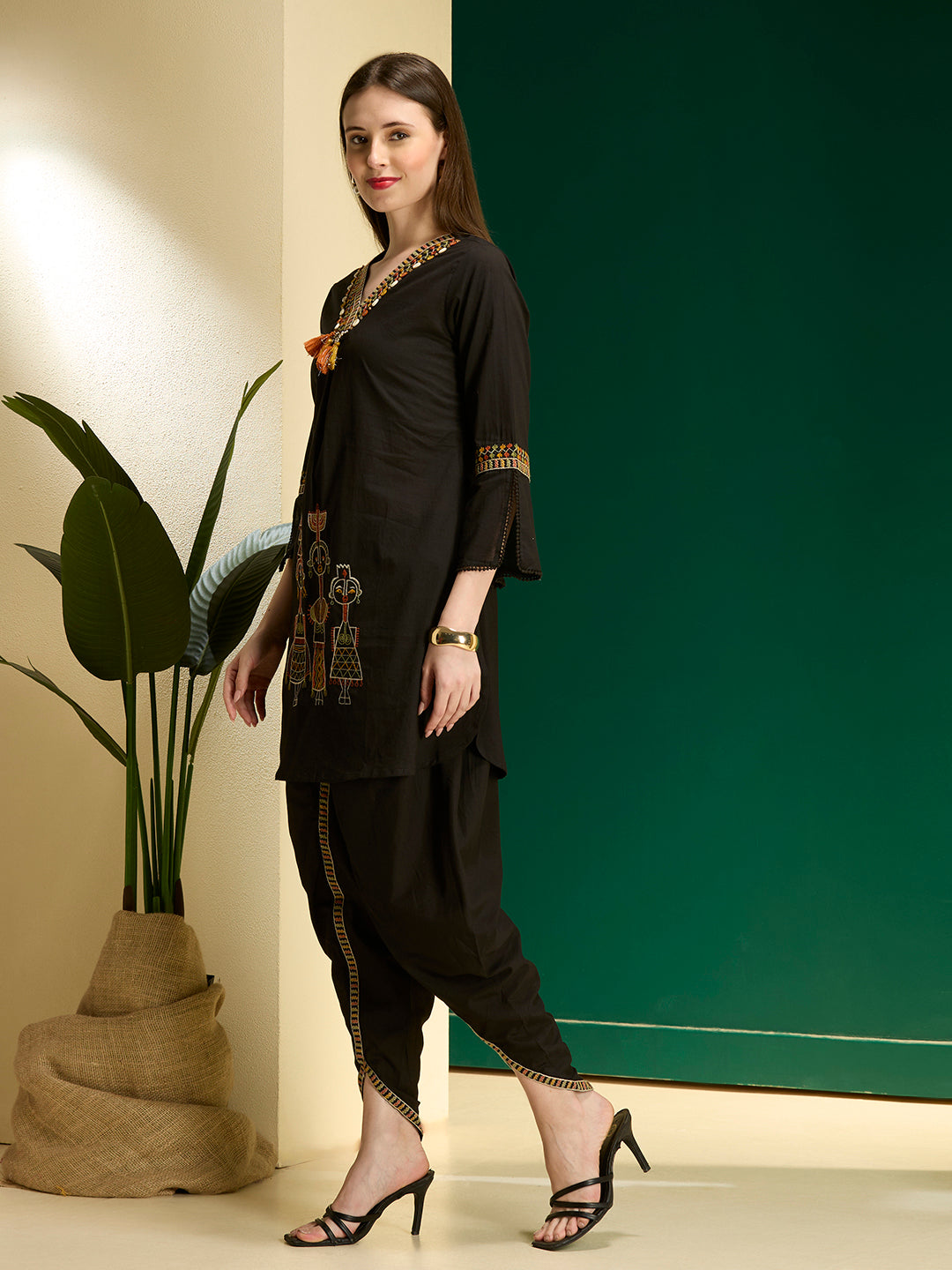 Tribal Motif Threadwork Embroidered Straight Kurta with Dhoti Pant - Black