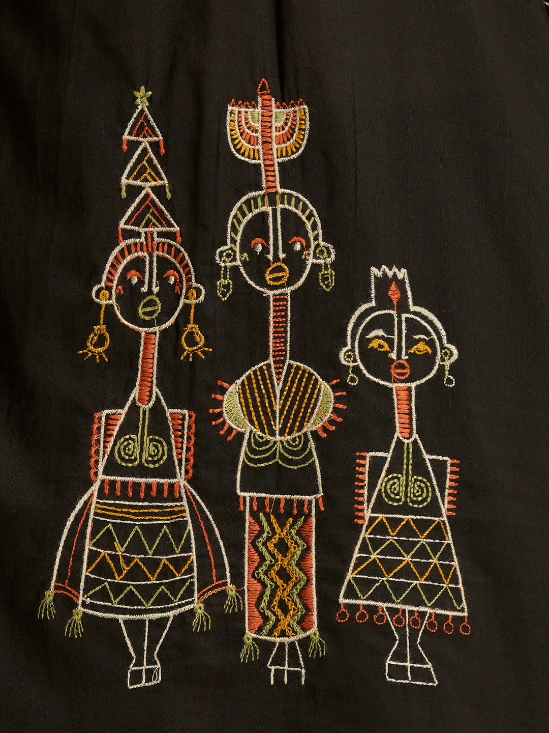 Tribal Motif Threadwork Embroidered Straight Kurta with Dhoti Pant - Black