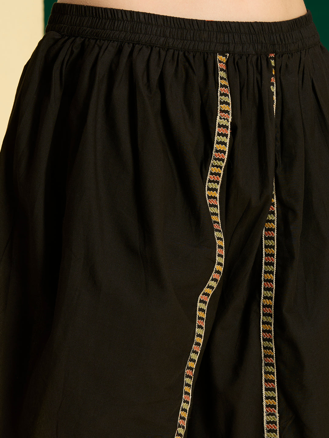 Tribal Motif Threadwork Embroidered Straight Kurta with Dhoti Pant - Black