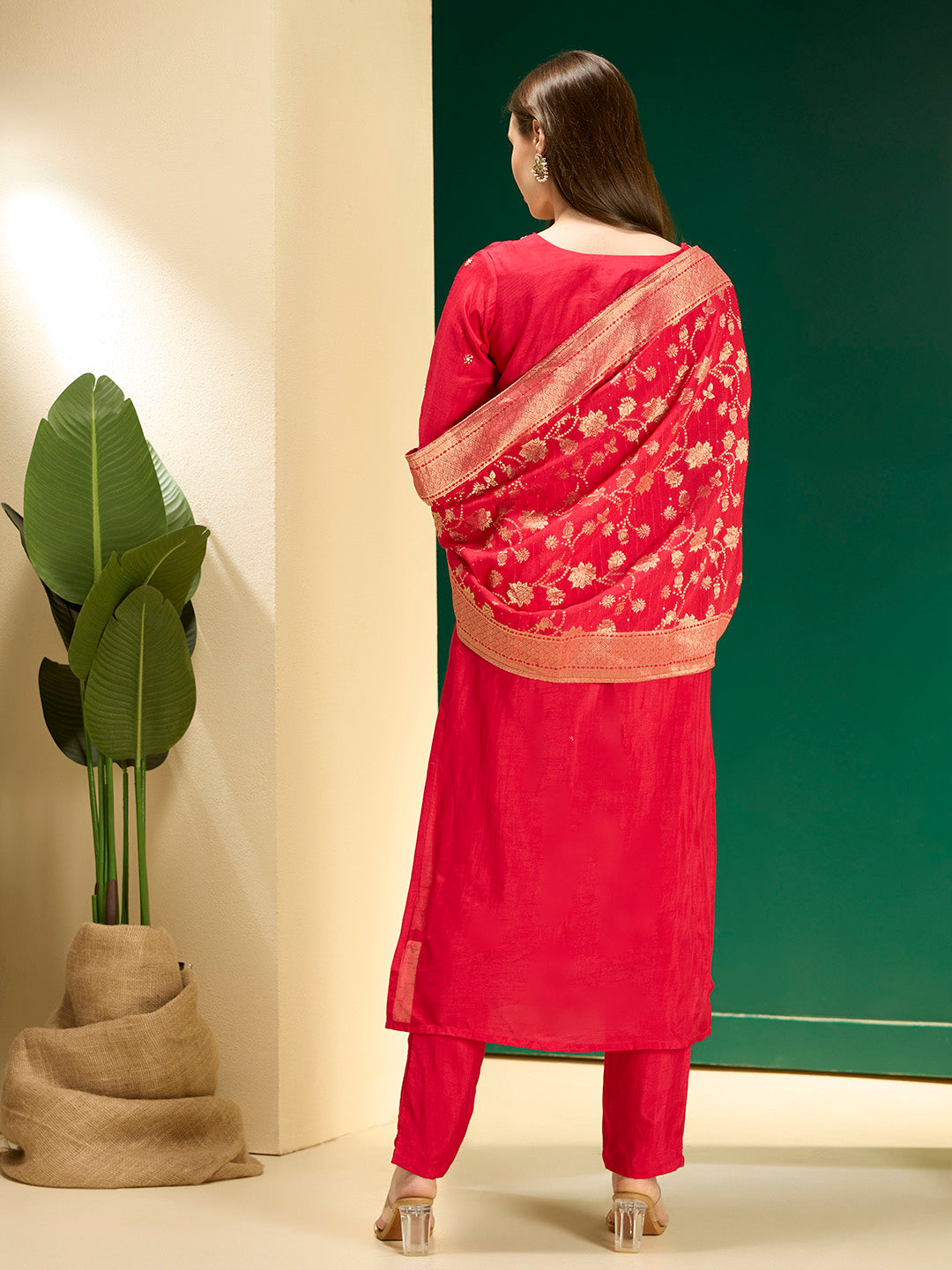 Solid Ethnic Embroidered Straight Kurta with Pant & Dupatta - Red
