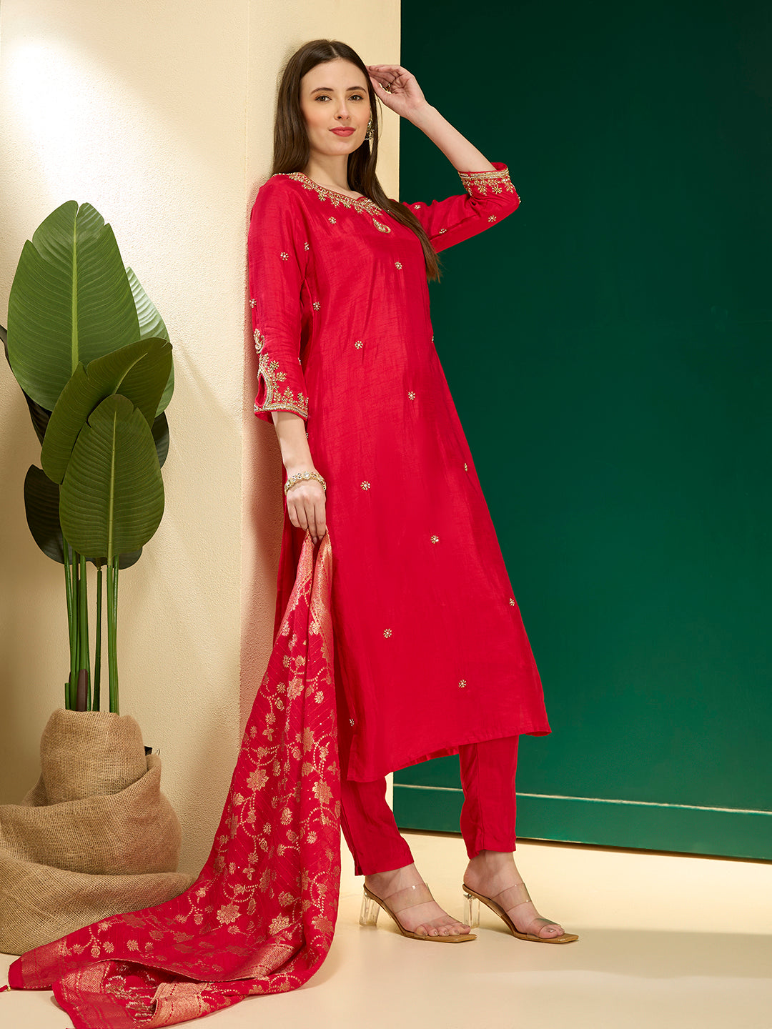Solid Ethnic Embroidered Straight Kurta with Pant & Dupatta - Red
