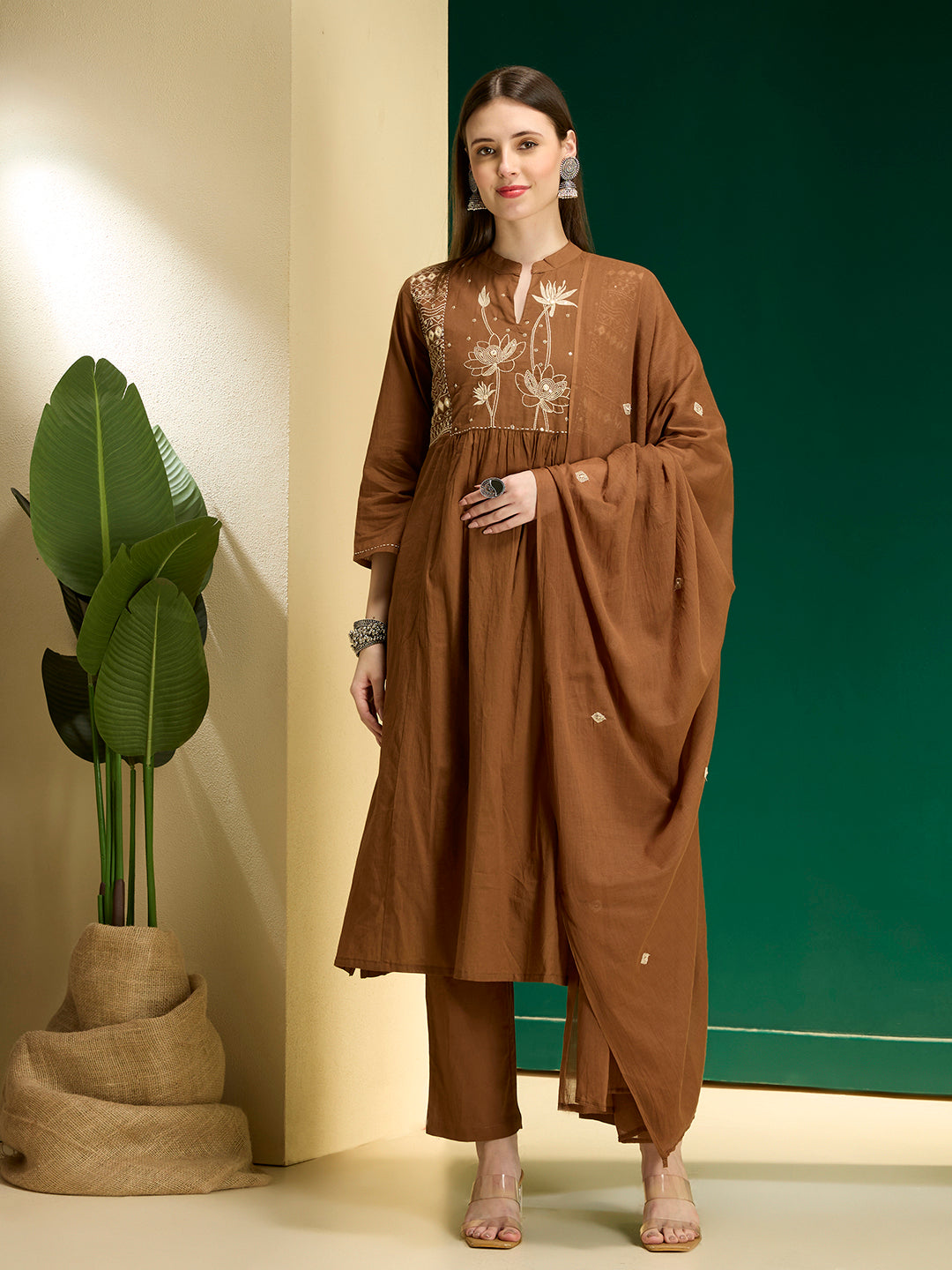 Floral Embroidered A-Line Pleated with Pant & Dupatta - Brown