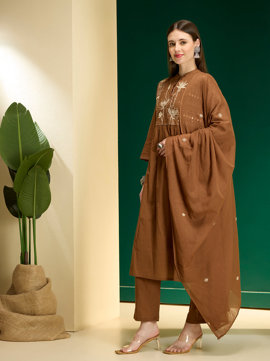 Floral Embroidered A-Line Pleated with Pant & Dupatta - Brown