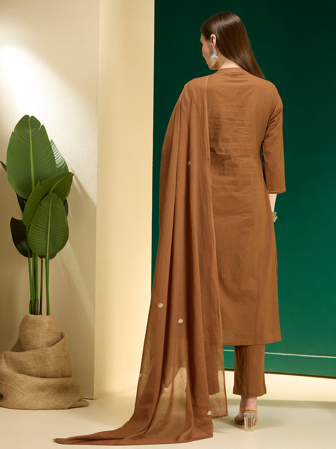 Floral Embroidered A-Line Pleated with Pant & Dupatta - Brown